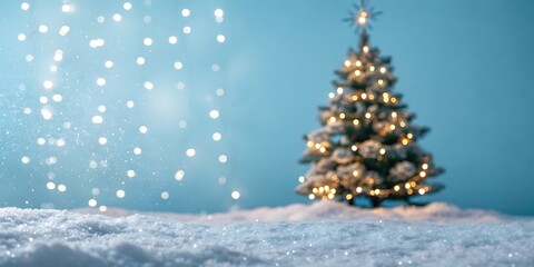 Obraz premium Christmas tree in snowy scene with bokeh lights