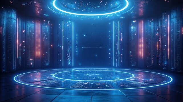 modern, futuristic, and empty dark room with 3D blue showroom interior with neon LED lights math and physics formulas and abstract studio stage creates empty dynamic background