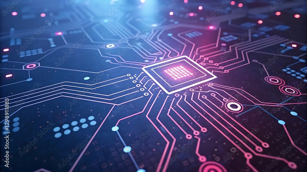 Poster close up of a computer microchip on a circuit board.