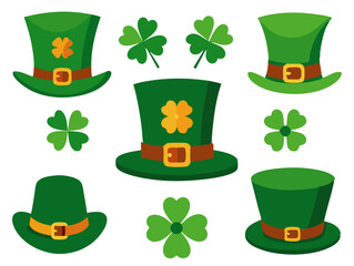 A set of various leprechaun hat designs, including top hats with buckles, feathered hats, and tilted hats with small shamrocks, isolated on a white background.
