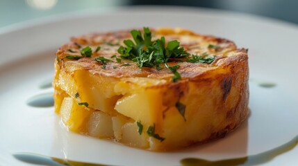 A close-up of a traditional Spanish tortilla, made with eggs, potatoes, and onions, served in a round slice with a garnish of parsley on top