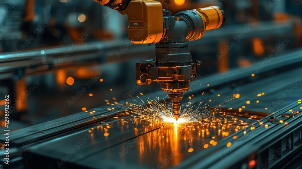 Poster A robotic arm is engaged in welding tasks on a conveyor system within a high-tech manufacturing facility. Sparks fly as the machine efficiently completes its work.