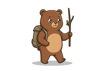 Obraz premium Adventurous Bear Cub Hiking - A cute cartoon bear cub, backpack on, walking with a stick, symbolizes adventure, exploration, nature, childhood, and wanderlust