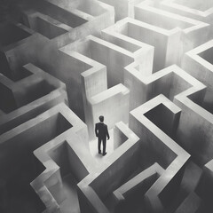 Businessman standing in abstract concrete maze looking for way out in monochrome