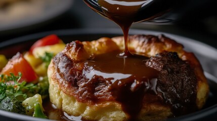 A close-up of a warm slice of homemade Yorkshire pudding, drizzled with rich gravy, served alongside roast beef and vegetables, capturing a British Sunday roast meal
