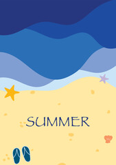 Abstract, simple summer background.Beach, blue waves, starfish, shell, golden sand, hot weather, temperature, relax, vacation, holiday concept.Post card, happy family, couple trip. Vector illustration