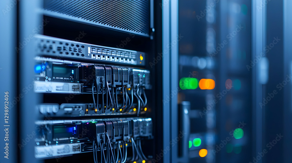 Poster blue lit server racks with metallic panels in data center environment