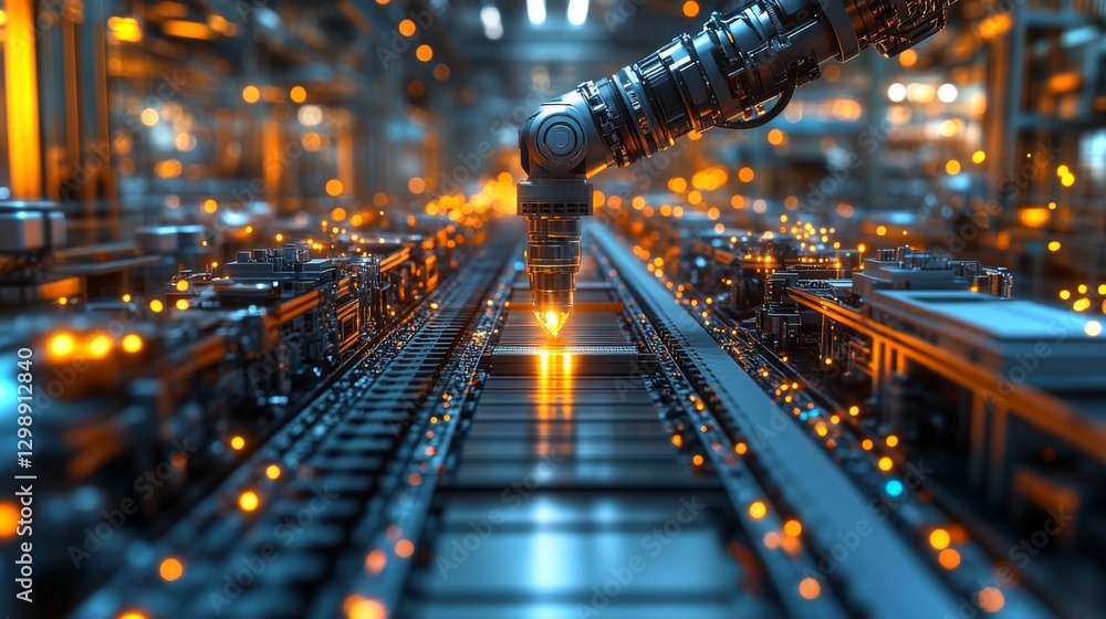 Poster A robotic arm is engaged in precision fabrication, utilizing laser technology to process materials on a busy production line in a modern manufacturing facility.
