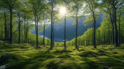 Fototapeta premium Sunlit forest with moss-covered ground, lake, and mountains in the background.