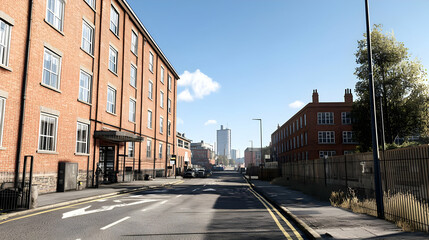 Fototapeta premium Urban Street Scene with Brick Buildings and Blue Sky during Daytime