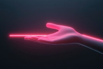 minimalistic stock photo of single hand reaching towards glowing neon light against dark background