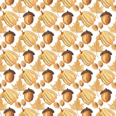 Seamless watercolor pattern in warm colors with pumpkin, acorns and autumn leaves.