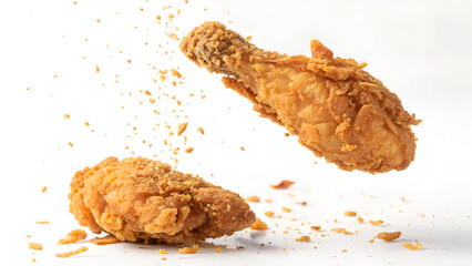 A crispy, golden-brown fried chicken piece captured mid-air against a clean white background, highlighting its crunchy texture.