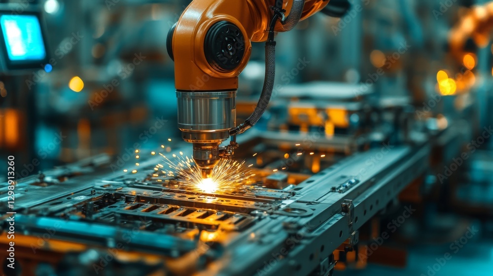 Poster A robotic arm performs precision welding on metal parts within a busy factory. Sparks fly as automation technology drives efficiency in manufacturing processes.