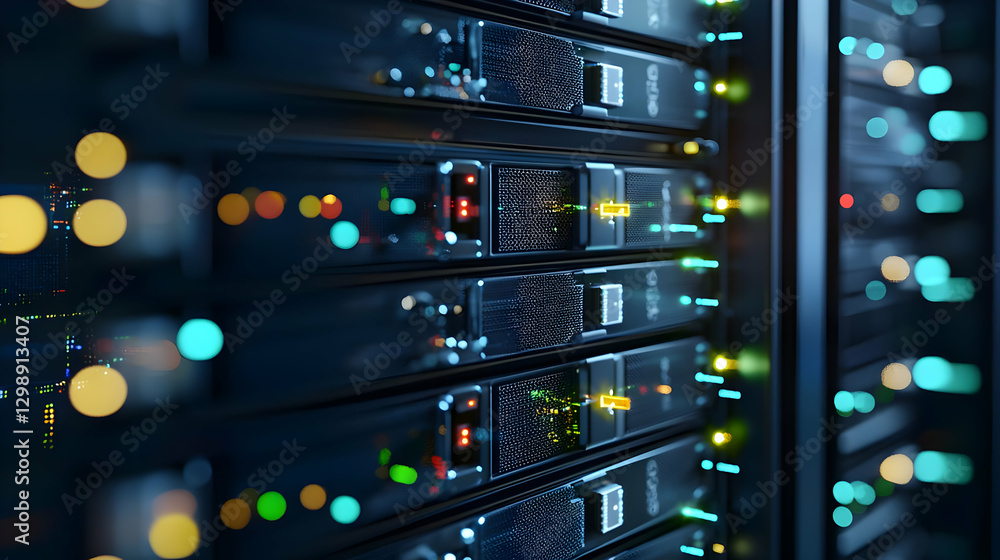 Poster close up view of modern server rack in dark data center with illuminated lights