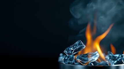 Dramatic contrast of burning flames melting ice cubes on dark background, orange fire and blue frozen crystals create striking visual metaphor of opposites.
