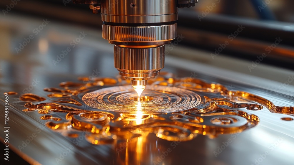 Poster a laser cutting machine operates in a modern manufacturing facility, crafting intricate designs in m
