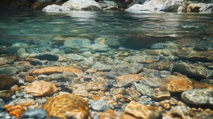 Fototapeta premium Crystal-clear mountain stream bed, rocks, sunlight, misty mountains