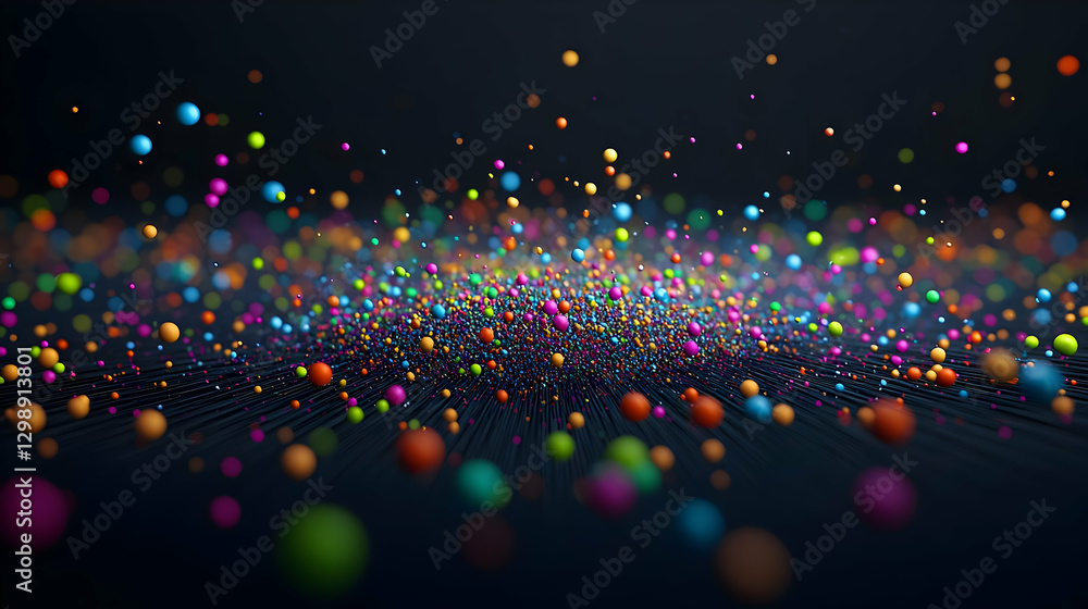 Poster abstract composition of colorful spheres and pixelated shapes on a dark blue background lighting des