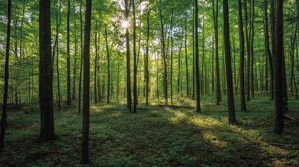 Obraz premium Sunlit Forest Trees Canopy Green Lush