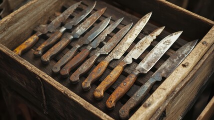 Artisan Crafted Kitchen Knives Displayed in Elegant Box Showcasing Precision Blades and Exquisite Handles Highlighting Culinary Tools for Chefs