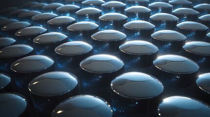 Modern, abstract art featuring a grid of glowing cylinders, with reflective metallic surfaces and a dark, moody background