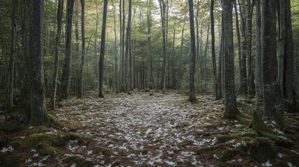 Obraz premium Serene Forest Path Covered In Fallen Leaves