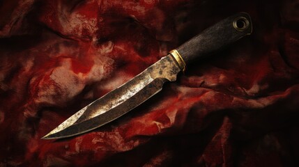 A Sharp Knife Elegantly Placed on a Vibrant Red Cloth Creating a Striking Contrast Highlighting the Beauty of Culinary Tools and Textiles
