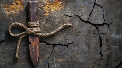 Intriguing Composition of a Knife Embedded in a Wall Bound by a Natural Knot Evoking Themes of Resilience and Tension in a Minimalist Art Style