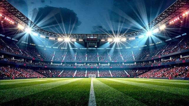 Packed soccer stadium at night with tiered seating filled with spectators, vibrant green field, dramatic bright stadium lights, dark bluish-gray sky. Concept of sports, competition, championship.