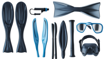 Fins and snorkeling gear set, perfect for deep-sea exploration, isolated on white background, PNG format