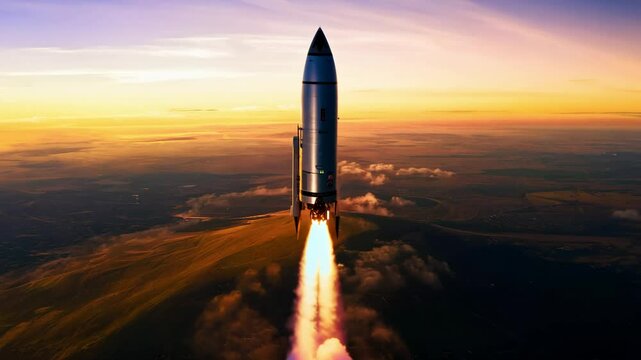 A stunning rocket launch at sunset, with a fiery exhaust trail and dramatic lighting, symbolizing the power of space exploration and innovation.
