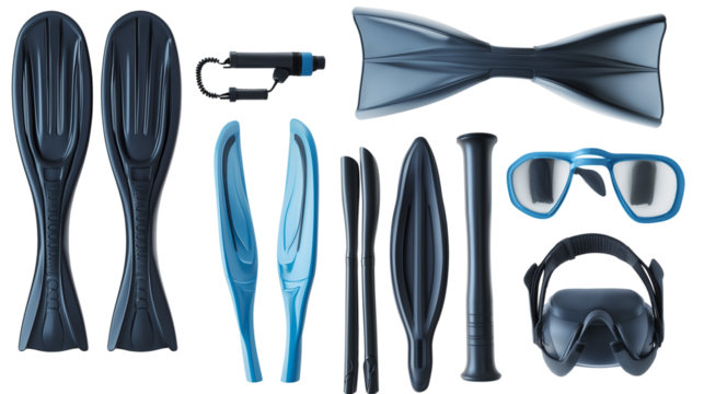 Fins and snorkeling gear set, perfect for deep-sea exploration, isolated on white background, PNG format