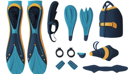 Fins and snorkeling gear set, perfect for deep-sea exploration, isolated on white background, PNG format