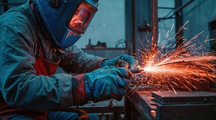 Fototapeta premium illustration skilled welder is welding metal parts of a massive ship