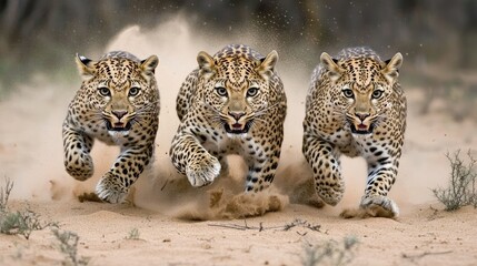Naklejka premium Three leopards sprinting across the sandy terrain in a vivid display of nature's raw power and speed during an afternoon chase