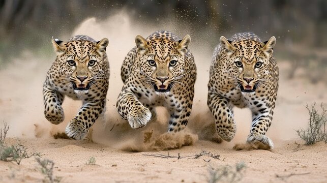 Three leopards sprinting across the sandy terrain in a vivid display of nature's raw power and speed during an afternoon chase