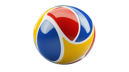 Colorful beach ball with red, blue, yellow, and white segments, summer toy, isolated on white background, PNG format