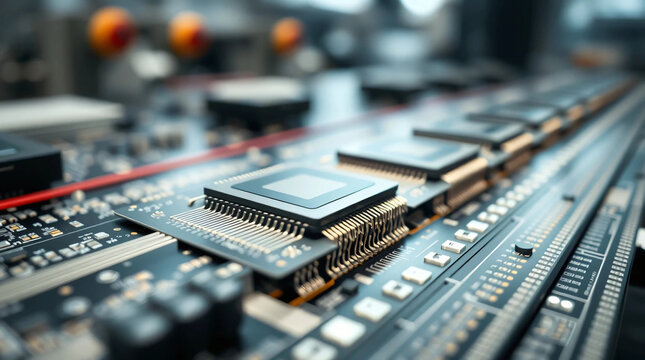 Computer chips assembly line in manufacturing plant, modern electronics production factory