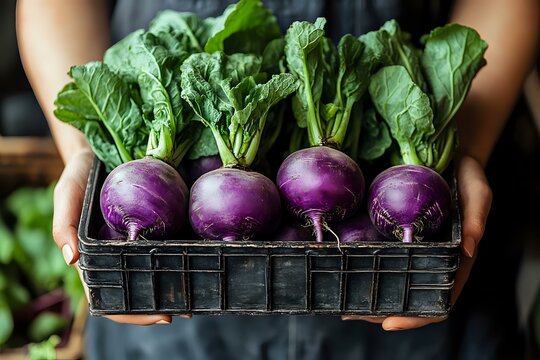 Fresh purple kohlrabi with vibrant green leaves held in rustic wooden crate by farmer hands. Close-up organic vegetables showing farm-to-table produce.