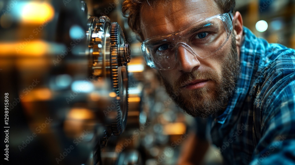 Aufkleber a skilled technician inspects intricate machinery components in a bustling factory environment. safe