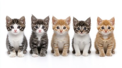 Five playful kittens lined up in a row, showcasing their unique fur patterns and colors in a bright and cheerful setting