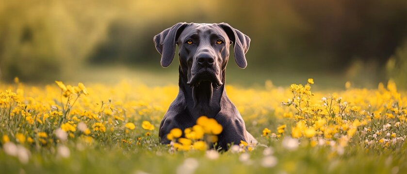 Majestic Great Dane Relaxing in Verdant Field with Bright Yellow Flowers - Tranquil Pet Photography