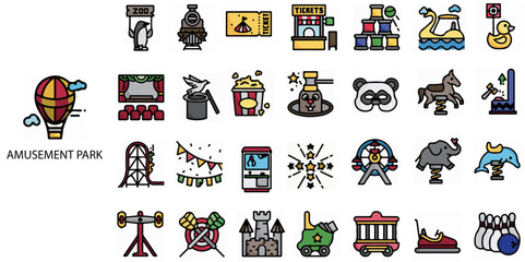 Obraz premium Amusement Park simple concept 28 colour icons set. Contains such Circus, Carnival, Street Festival, Purim Carnival .Vector illustration.