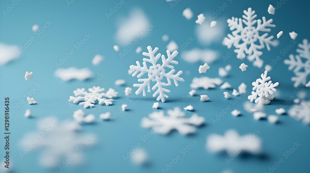 Poster close up view of white snowflakes falling on light blue surface with shallow depth of field