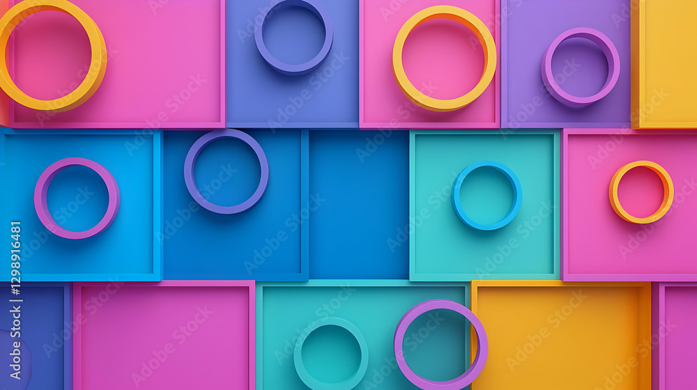 Poster abstract geometric composition of colorful squares and circles in 3d rendering