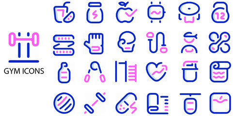 Gym simple concept 24 colour icons set. Contains such Fitness, training, barbell, kettlebell, muscles, healthy body, cardio training  .Vector illustration.
