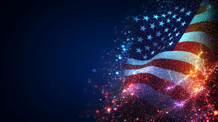 Abstract United States Flag with Stars and Stripes and Glowing Fireworks Display Against Blue Background