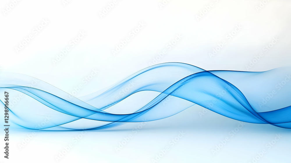 Poster Abstract Blue Wavy Lines on a White Background Illustrating Movement and Fluidity with Soft Light and Transparency