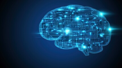 Obraz premium A futuristic digital brain illustration with glowing circuits and blue lights on a dark background.